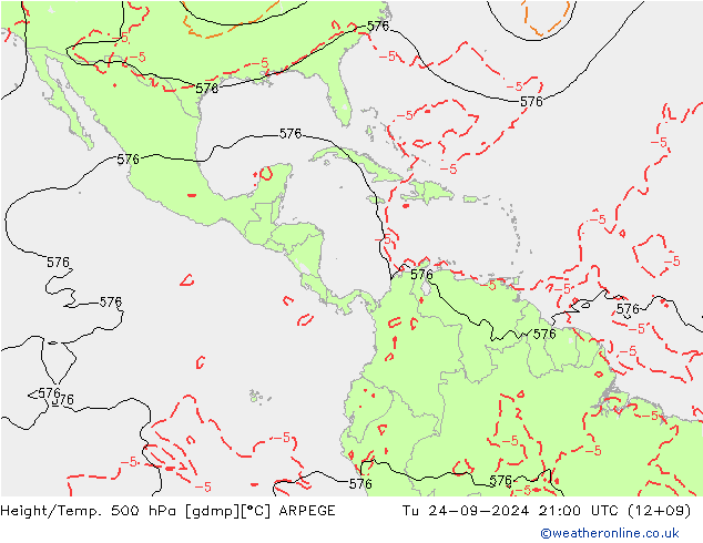 Height/Temp. 500 hPa ARPEGE wto. 24.09.2024 21 UTC