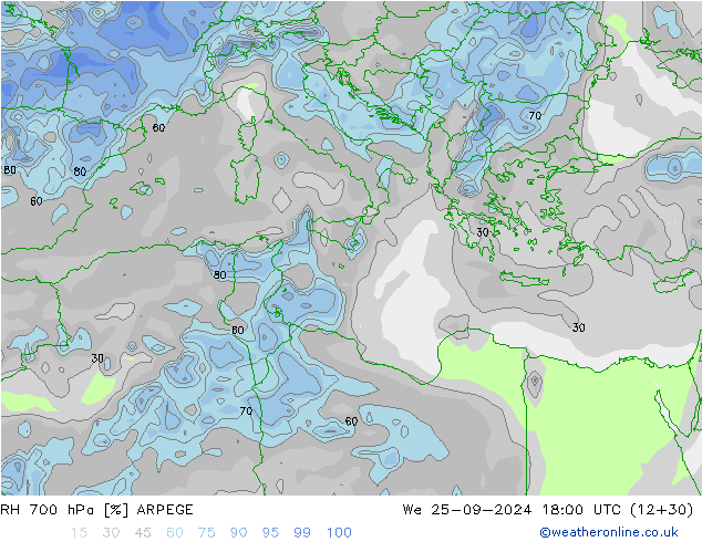 RH 700 hPa ARPEGE Qua 25.09.2024 18 UTC