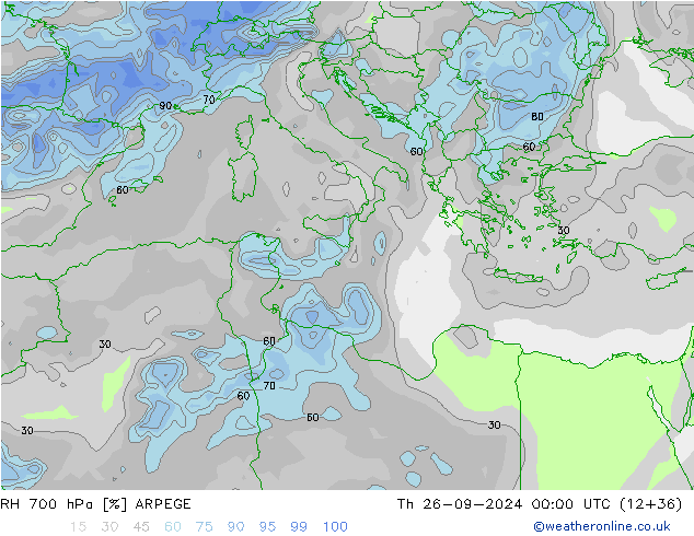 Humedad rel. 700hPa ARPEGE jue 26.09.2024 00 UTC