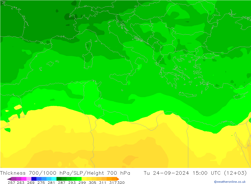 Thck 700-1000 hPa ARPEGE Tu 24.09.2024 15 UTC