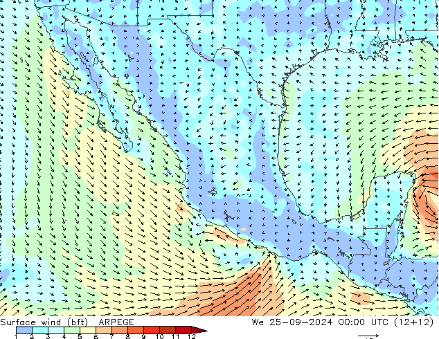 wiatr 10 m (bft) ARPEGE śro. 25.09.2024 00 UTC