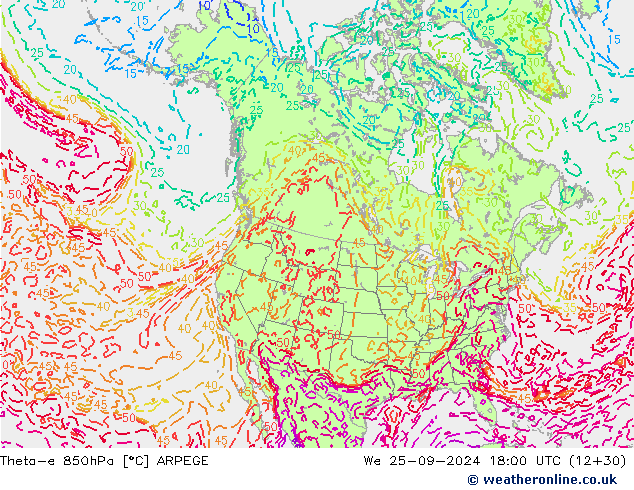 Theta-e 850hPa ARPEGE śro. 25.09.2024 18 UTC