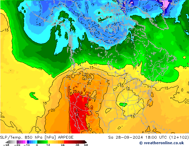 SLP/Temp. 850 hPa ARPEGE Sa 28.09.2024 18 UTC