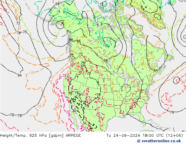 Height/Temp. 925 hPa ARPEGE Di 24.09.2024 18 UTC