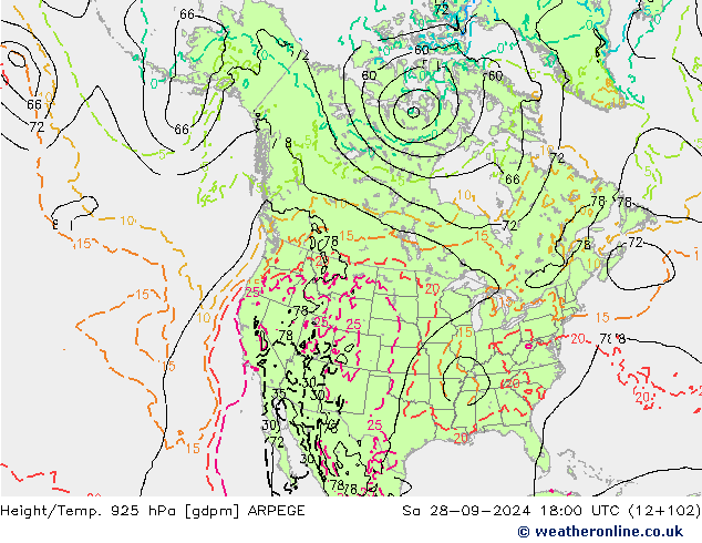 Géop./Temp. 925 hPa ARPEGE sam 28.09.2024 18 UTC