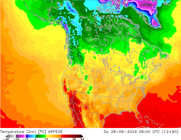 Temperaturkarte (2m) ARPEGE Sa 28.09.2024 06 UTC
