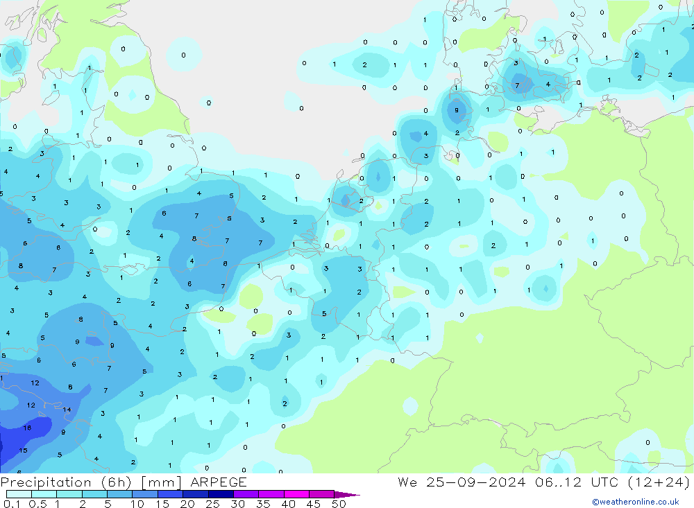 Totale neerslag (6h) ARPEGE wo 25.09.2024 12 UTC