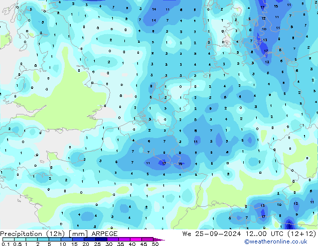 Precipitación (12h) ARPEGE mié 25.09.2024 00 UTC