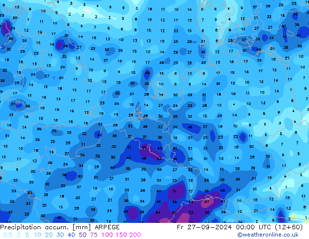 Precipitation accum. ARPEGE Fr 27.09.2024 00 UTC