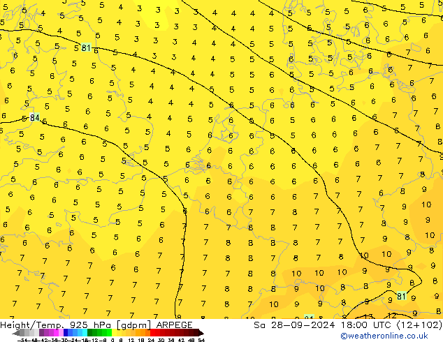 Height/Temp. 925 hPa ARPEGE Sáb 28.09.2024 18 UTC