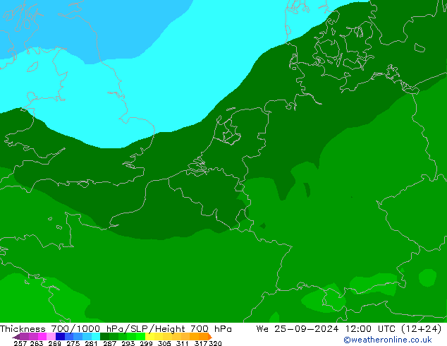 Thck 700-1000 hPa ARPEGE śro. 25.09.2024 12 UTC