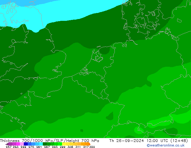 Thck 700-1000 hPa ARPEGE jeu 26.09.2024 12 UTC