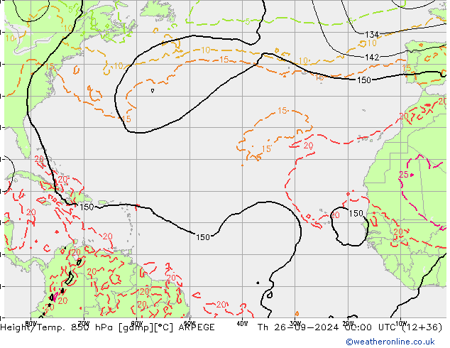 Géop./Temp. 850 hPa ARPEGE jeu 26.09.2024 00 UTC