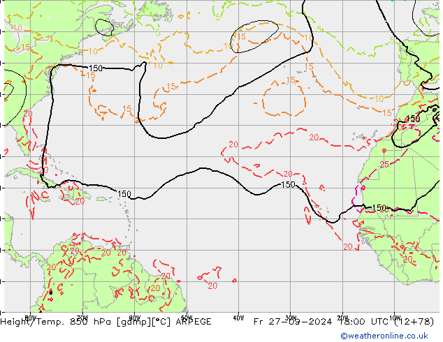 Hoogte/Temp. 850 hPa ARPEGE vr 27.09.2024 18 UTC