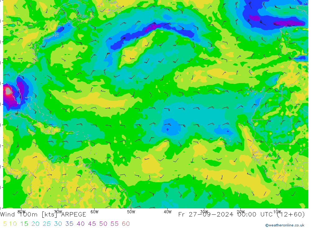 Vento 100m ARPEGE Sex 27.09.2024 00 UTC