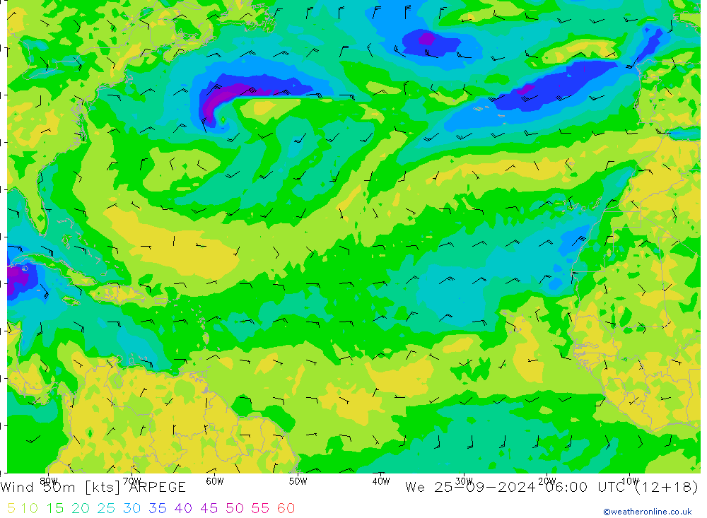 Vent 50 m ARPEGE mer 25.09.2024 06 UTC