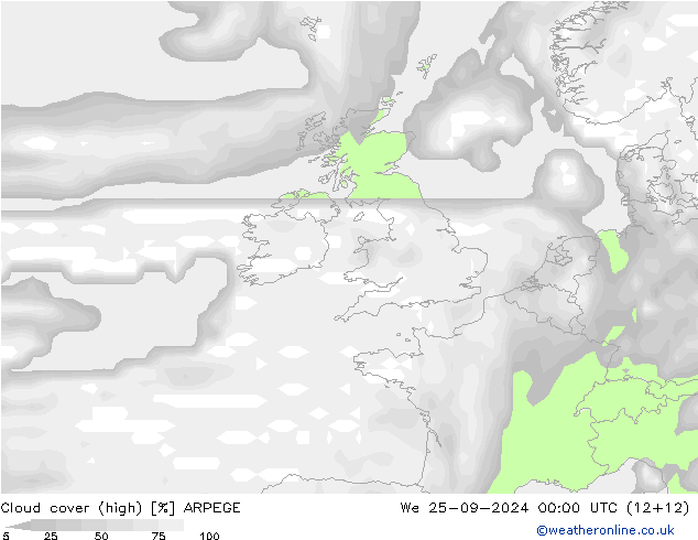 Nuages (élevé) ARPEGE mer 25.09.2024 00 UTC