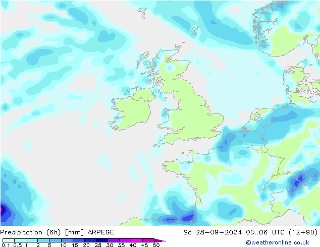 Precipitation (6h) ARPEGE Sa 28.09.2024 06 UTC