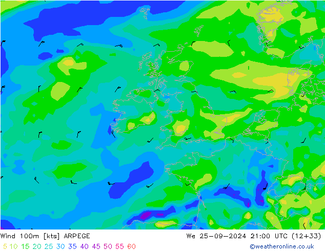 Wind 100m ARPEGE Mi 25.09.2024 21 UTC