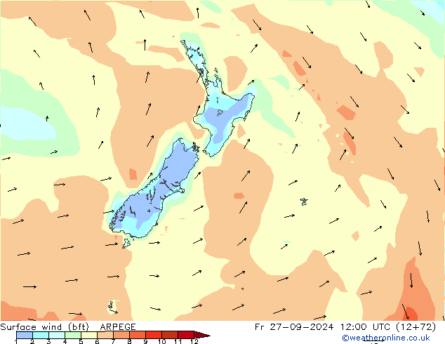 wiatr 10 m (bft) ARPEGE pt. 27.09.2024 12 UTC