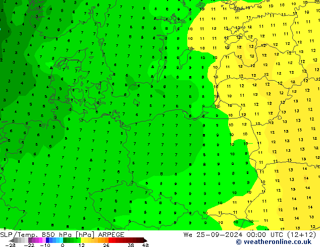 SLP/Temp. 850 hPa ARPEGE We 25.09.2024 00 UTC