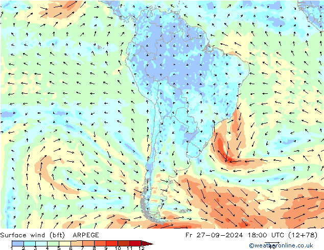 Vento 10 m (bft) ARPEGE ven 27.09.2024 18 UTC