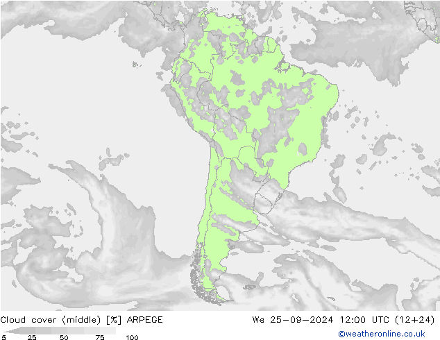 Cloud cover (middle) ARPEGE We 25.09.2024 12 UTC