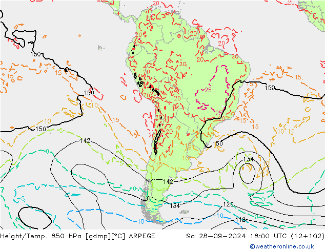 Height/Temp. 850 hPa ARPEGE Sa 28.09.2024 18 UTC