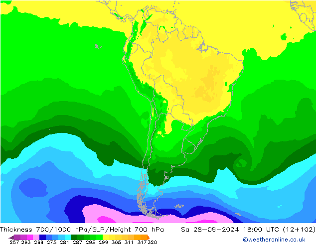 Espesor 700-1000 hPa ARPEGE sáb 28.09.2024 18 UTC