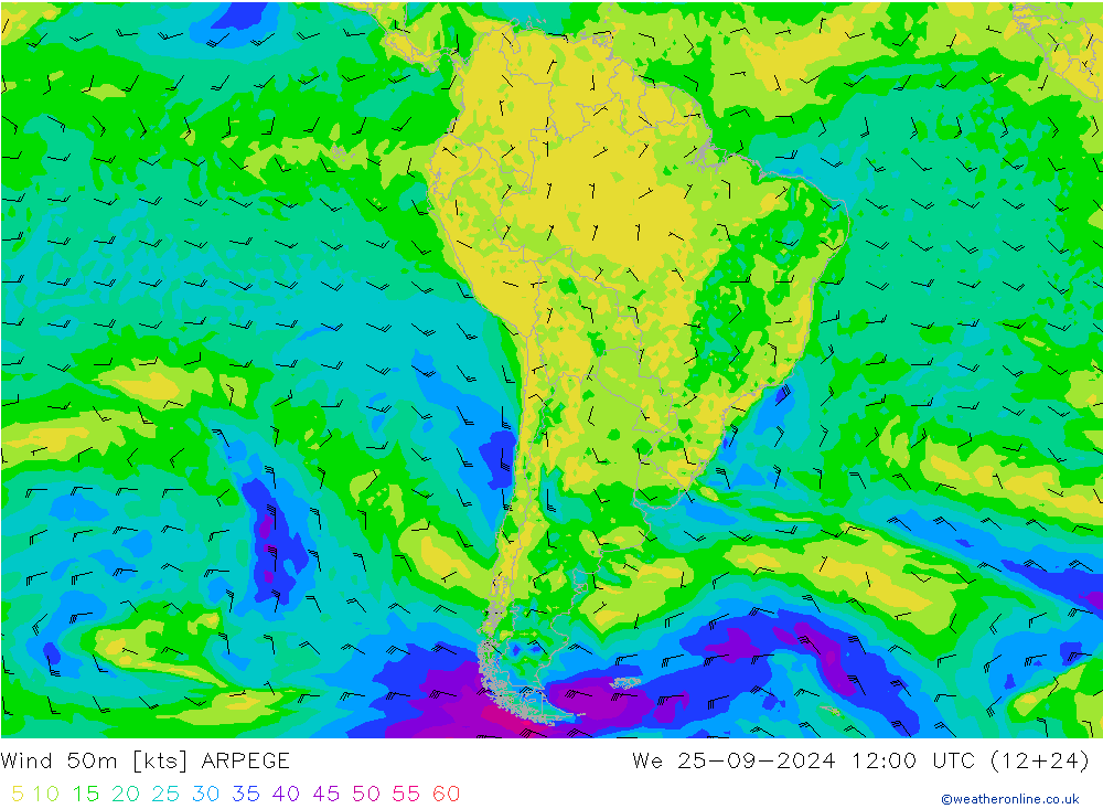 Wind 50 m ARPEGE wo 25.09.2024 12 UTC