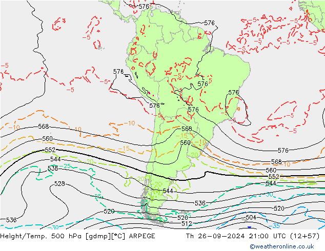 Height/Temp. 500 hPa ARPEGE czw. 26.09.2024 21 UTC