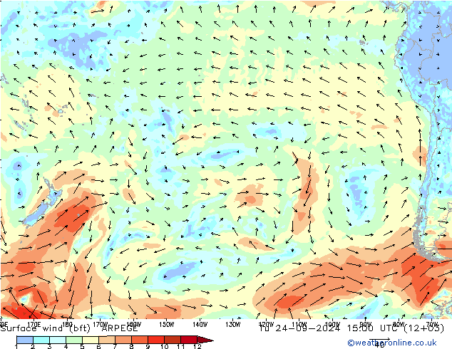 Vento 10 m (bft) ARPEGE Ter 24.09.2024 15 UTC