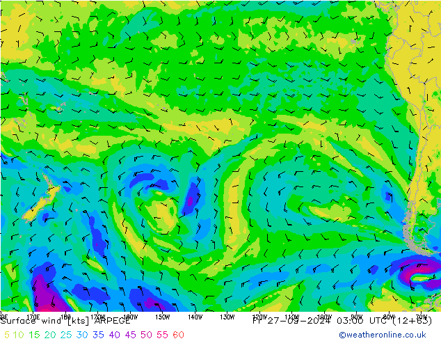 Surface wind ARPEGE Fr 27.09.2024 03 UTC