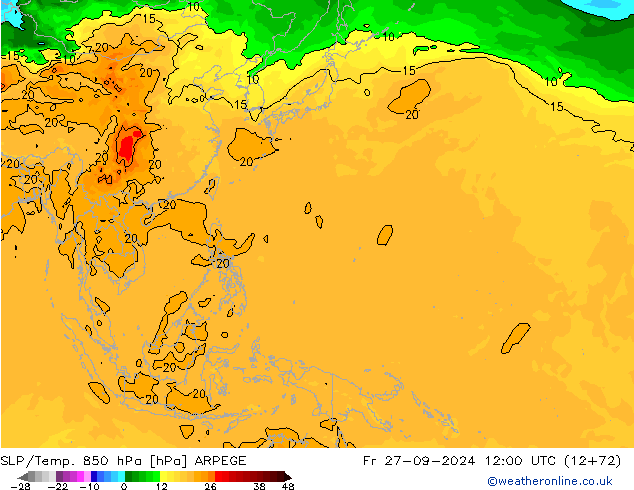 SLP/Temp. 850 hPa ARPEGE Fr 27.09.2024 12 UTC