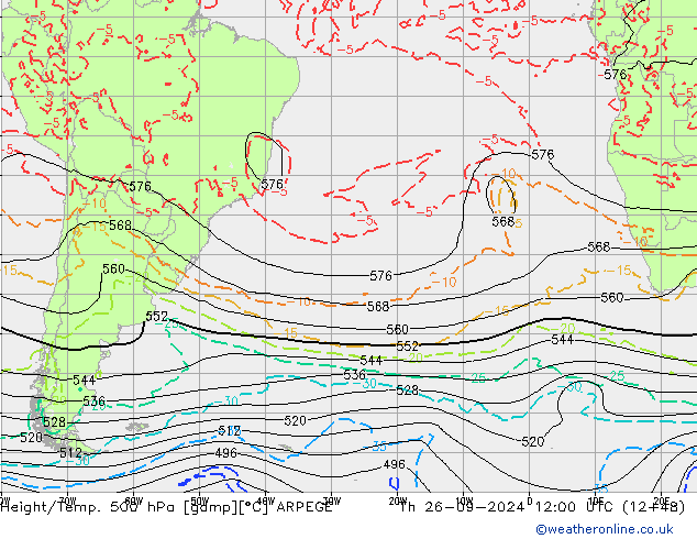 Height/Temp. 500 hPa ARPEGE Qui 26.09.2024 12 UTC