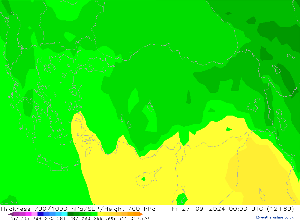 Dikte700-1000 hPa ARPEGE vr 27.09.2024 00 UTC