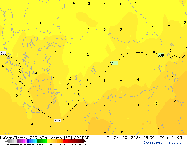 Height/Temp. 700 hPa ARPEGE mar 24.09.2024 15 UTC