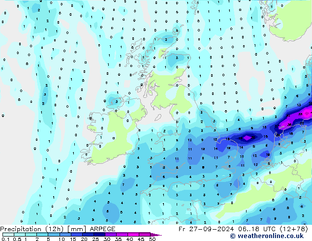 Precipitation (12h) ARPEGE Fr 27.09.2024 18 UTC