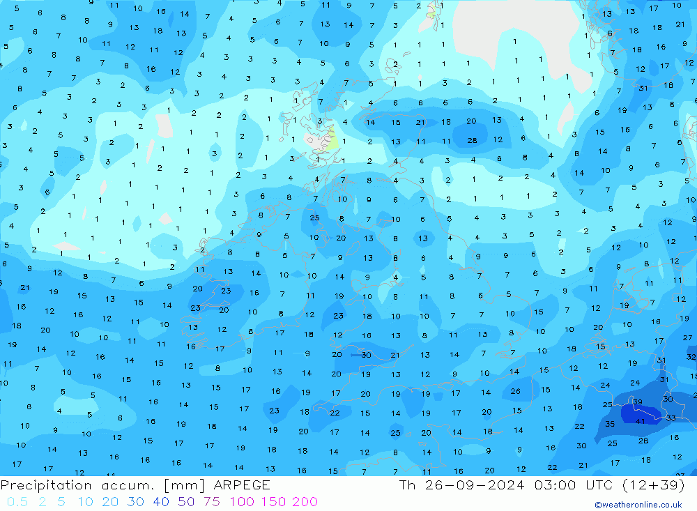 Precipitation accum. ARPEGE Th 26.09.2024 03 UTC