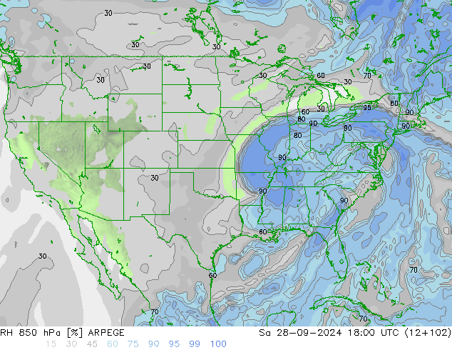 Humedad rel. 850hPa ARPEGE sáb 28.09.2024 18 UTC