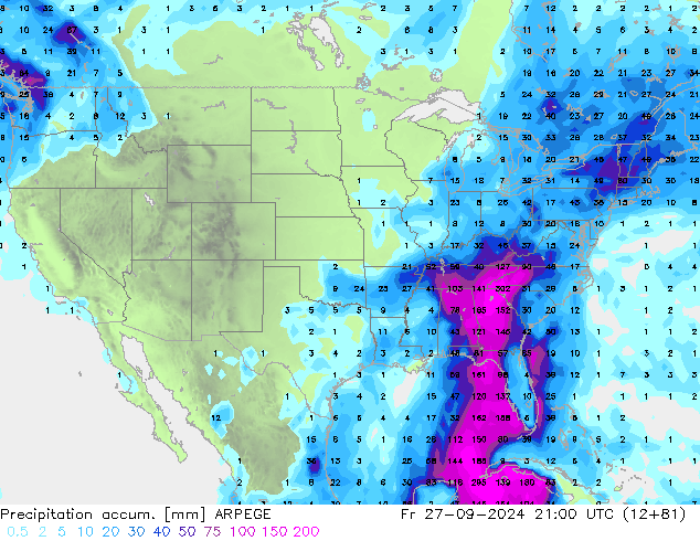 Precipitation accum. ARPEGE Fr 27.09.2024 21 UTC