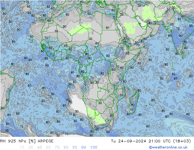 RH 925 hPa ARPEGE Út 24.09.2024 21 UTC