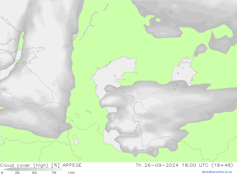 Cloud cover (high) ARPEGE Th 26.09.2024 18 UTC