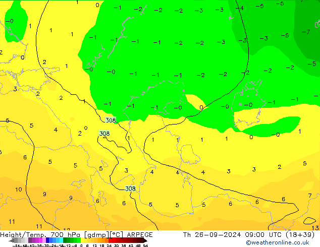 Height/Temp. 700 hPa ARPEGE Th 26.09.2024 09 UTC