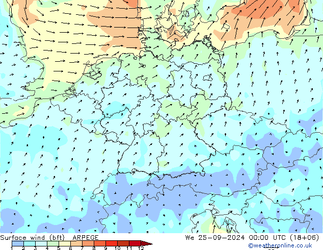 Surface wind (bft) ARPEGE We 25.09.2024 00 UTC