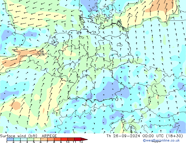 Surface wind (bft) ARPEGE Th 26.09.2024 00 UTC