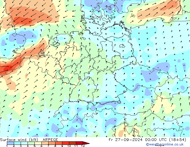 Viento 10 m (bft) ARPEGE vie 27.09.2024 00 UTC