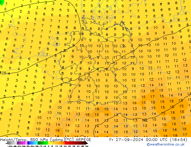 Height/Temp. 850 hPa ARPEGE Pá 27.09.2024 00 UTC