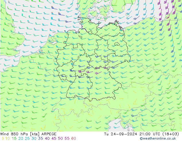 Wind 850 hPa ARPEGE Tu 24.09.2024 21 UTC