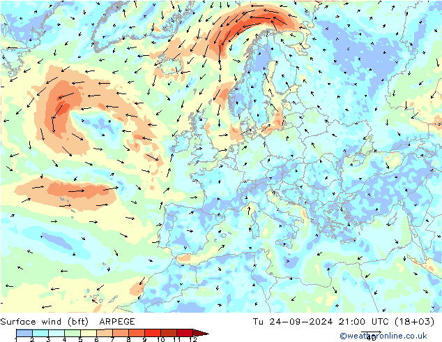 ве�Bе�@ 10 m (bft) ARPEGE вт 24.09.2024 21 UTC